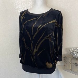 Lafayette 148 New York Black Gold Floral Velvet‎ Ribbed Top